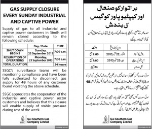Gas Supply Closure Every Sunday Industrial and Captive Power
